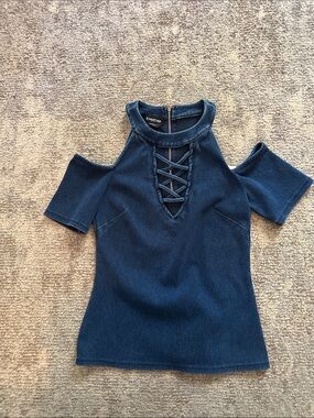 bebe Blue Jean Cold-Shoulder Lace-Up Halter Knit Top